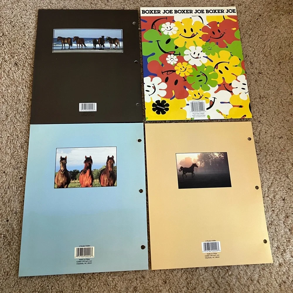 Y2K Pocket binder folders bundle—3 horse folders 1 Joe Boxer smiley face print